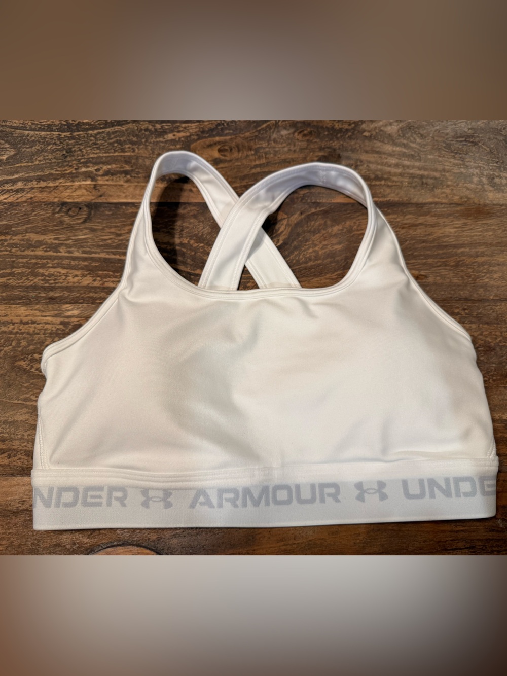 Under Armour Crossback Mid Bra White Cross-Back Sports Bra with Branded Band